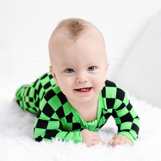Green Checkers | Convertible Bamboo Zipper Baby Pajamas