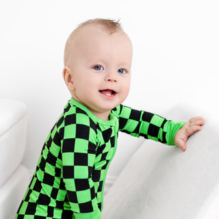 Green Checkers | Convertible Bamboo Zipper Baby Pajamas