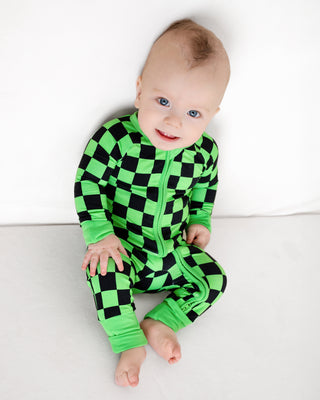 Green Checkers | Convertible Bamboo Zipper Baby Pajamas