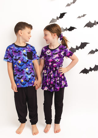 Halloween | Twilight Bats | Bamboo Toddler & Girls Peplum Top & Leggings Set