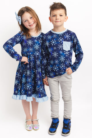 Icy Snowflakes | Toddler & Girls Bamboo Ruffle Twirl Dress