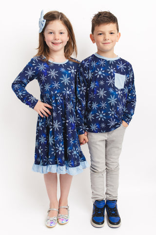 Icy Snowflakes | Toddler & Girls Bamboo Ruffle Twirl Dress