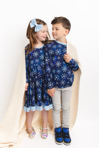 Icy Snowflakes | Toddler & Girls Bamboo Ruffle Twirl Dress