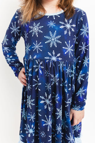 Icy Snowflakes | Toddler & Girls Bamboo Ruffle Twirl Dress