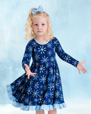 Icy Snowflakes | Toddler & Girls Bamboo Ruffle Twirl Dress