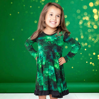 Green Galaxy Elixir | Toddler & Girls Bamboo Ruffle Twirl Dress