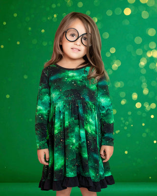 Green Galaxy Elixir | Toddler & Girls Bamboo Ruffle Twirl Dress