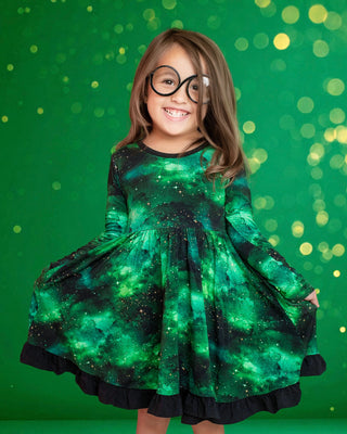 Green Galaxy Elixir | Toddler & Girls Bamboo Ruffle Twirl Dress