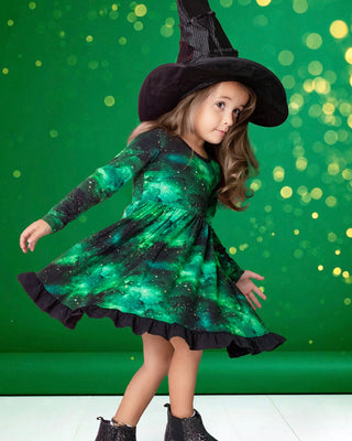 Green Galaxy Elixir | Toddler & Girls Bamboo Ruffle Twirl Dress