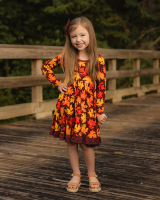 fall dress kids Baby And Toddler Girls Long Sleeve Leaf Print Knit Babydoll Dress - BROWN