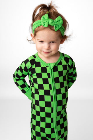 Green Checkers | Convertible Bamboo Zipper Baby Pajamas