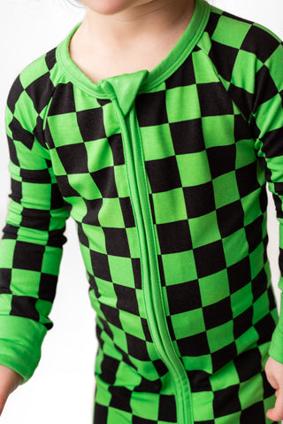 Green Checkers | Convertible Bamboo Zipper Baby Pajamas