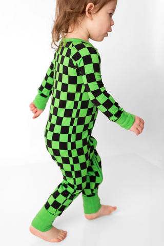 Green Checkers | Convertible Bamboo Zipper Baby Pajamas