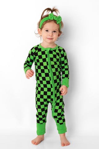 Green Checkers | Convertible Bamboo Zipper Baby Pajamas