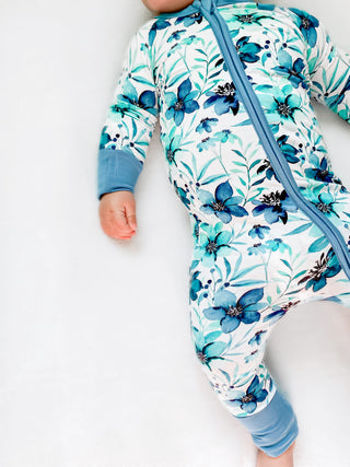 Azure Petals | Convertible Bamboo Zipper Baby Pajamas